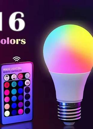 Светодиодная лампа led rgb с пультом, e27, 16 цветов включая белый, регулировка яркости, 8 вт, умная лампа