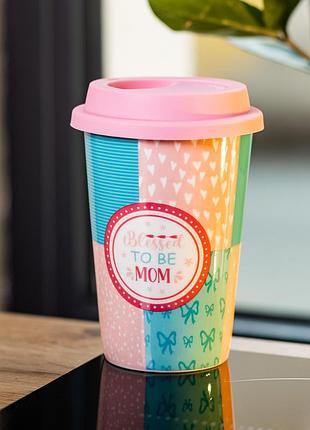 Стакан фарфоровый 420 мл с силиконовой крышкой blessed to be mom nai