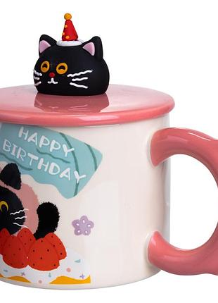 Кубок порцелянова з кришкою kitten's birthday 400 мл подарункова кружка прикольна чашка для дітей на подарунок рожевий nai