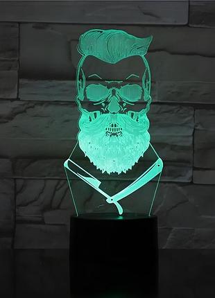 3d світильник barber skull — світлодіодна лампа череп перукаря, 7 кольорів, usb/батарейки