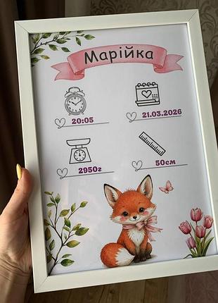 Метрочка детская для новорожденного в рамке а4 постер для девочки