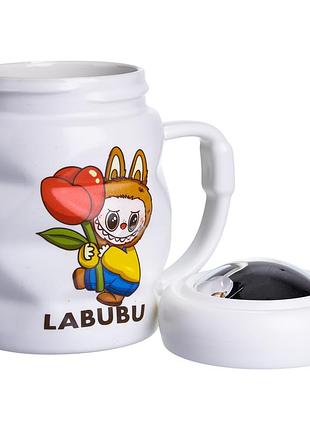 Чашка фарфоровая с крышкой labubu 400 мл белый с желтым nai