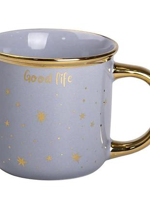 Чашка порцелянова із золотим обідком та позолоченою ручкою 320 мл good life сіра nai