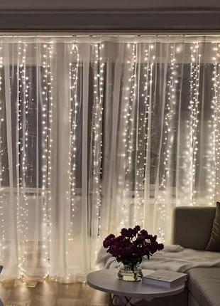 Новогодняя гирлянда комнатная штора роса хвойная лапа 3х3 м 600 led белый свет nai