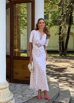 Накладной платеж ❤ штапельное праздничное платье макси с кружевом на талии в принт цветочный