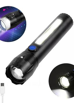 Ручной аккумуляторный фонарь bl-c62 usb с 1led+18 cob боковым светом и зумом для кемпинга