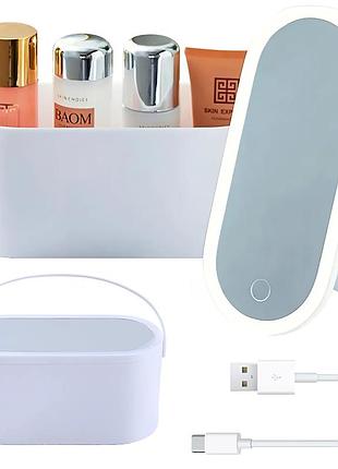 Косметичка с led подсветкой и зеркалом usb питание белая органайзер для макияжа и косметики с аккумулятором