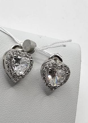 Сережки-пусеты серебряные с кубическим цирконием "сердца" 2,44 г