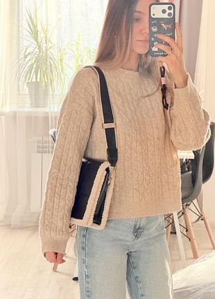 Сумка-шопер teddy black beige з широким ремінцем