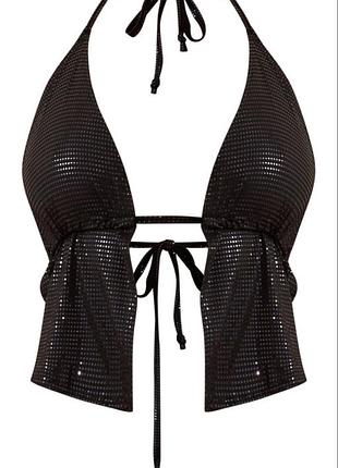 Чорний блискучий топ prettylittlething на зав’язках розмір uk6(xs-s)