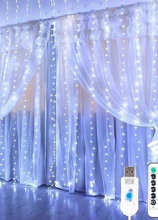 Гірлянда-завіса штора 3*3м 300led usb c пультом для прикрас вікон і тераси, холодний білий