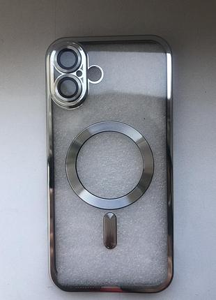 Протиударний прозорий чохол magsafe на iphone 16plus, колір сріблястий