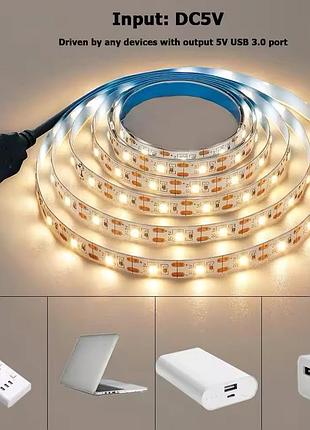 Світлодіодна led-стрічка 3 м із живленням від повербанка з usb, колір теплий білий, 3000 к