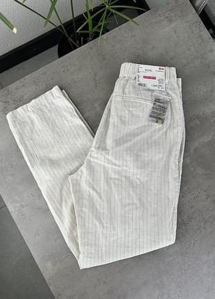 Лляні брюки uniqlo молочного кольору у смужку