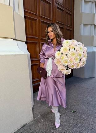 🌹батал большие размеры🌹 праздничный шелковый костюм оверсайз рубашка на пуговицах и юбка миди на резинке