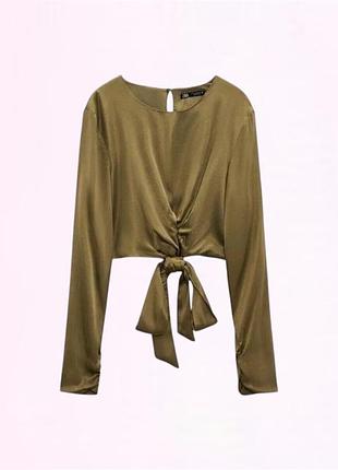 Кофта жіноча укорочена сатинова лонгслів zara s хакі