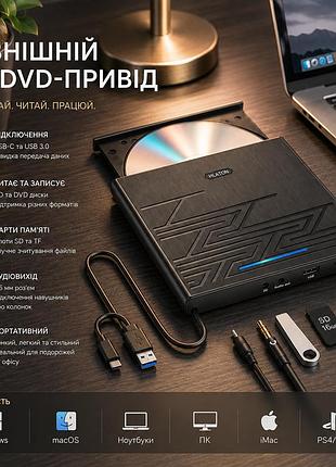 Внешний dvd/cd привод nolyth 5-в-1 usb 3.0 type-c — портативный дисковод для macbook и windows с sd/tf и аудиовыходом