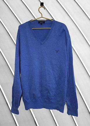 Мужской голубый джемпер gant 2xl 3xl оригинал хлопковая кофта v-образный вырез вышитый логотип пуловер гант стан идеал свитер хлопок 54 56