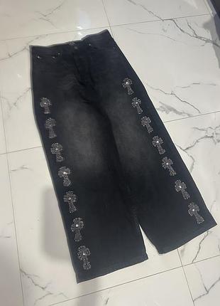 Джинсы с крестами в стиле y2k chrome hearts свободные серые  вільні джинси сірі
