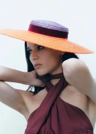 Zara великий капелюх з рафії соломʼяний федора повсякденний пляжний для відпочинку для фотосесії помаранчевий фіолетовий літній