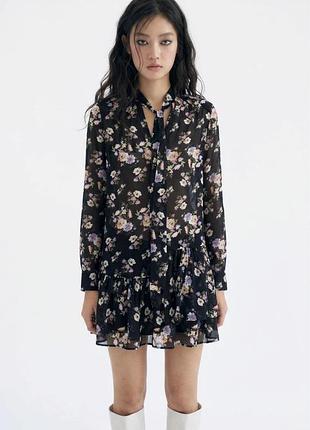 Zara квіткова сукня плаття з рюшами прозова принт шифонова на завʼязці на шиї коротке оверсайз вільне оверсайз квіти