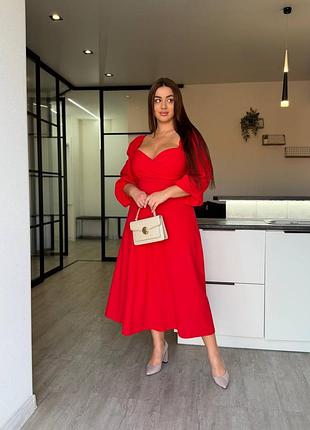 🌹батал большие размеры🌹 праздничное приталенное платье миди с декольте длинными рукавами фонариками и пышной юбкой