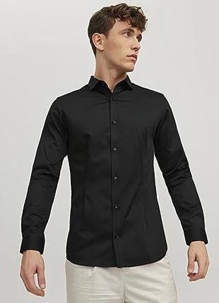 Шикарная мужская рубашка чёрного цвета jack&jones premium stretch made in india