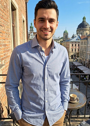 Шикарная мужская рубашка в сине - белую полоску jean biani paris 1959 slim fit, оригинал