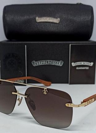 Chrome hearts брендовые очки мужские солнцезащитные  коричневый градиент в золоте дужки дерево в брендовой упаковке х1