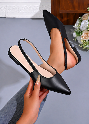 Черные мягкие туфли slingback с острым носиком-длина стельки от самого носика 25.5