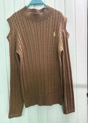 Коричневий жіночий светр polo ralph lauren із косами та відкритими плечима.