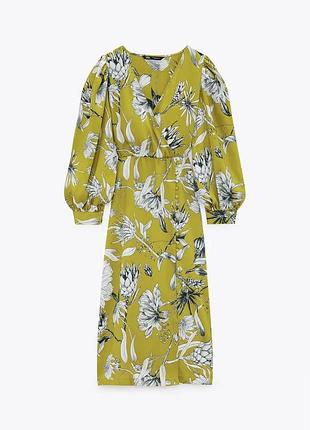 Роскошное атласное платье zara xs, s, миди, макси, в цветок, цветочный принт, оливковое, желтое, в крупный цветок, атлас