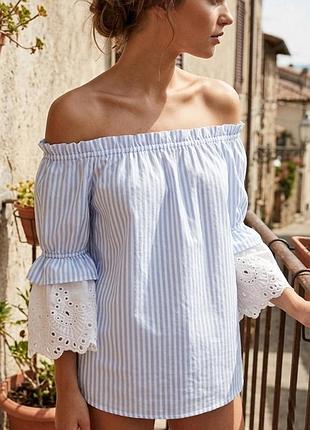 Трендова блуза з відкритими плечима та мереживом "sangallo": must-have сезону 63% cotone