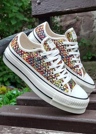 Эксклюзивные женские текстильные плетеные кеды на платформе converse chuck taylor all star multi color weave
