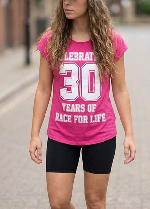 яркая фуксия: футболка cancer research uar / race for life 30 лет (р. 16, 100% органический хлопок)