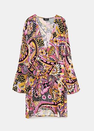 Платье zara xs, s, мини, вискоза, котон, с рукавами, в цветочный принт с узорами, розовое, короткое, пляжное с поясом