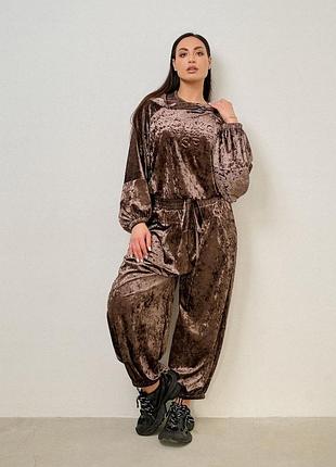 Костюм женский прогулочный велюр мраморный коричневый 44-54 гг
