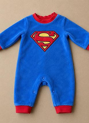 Боді чоловічок дитячий для хлопчика h&m superman 1-2 місяці 50-56 см | синій флісовий з довгим рукавом