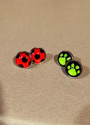 Сережки пусеї, гвоздики, леді баг і суперкіт, miraculous, ladybug, cat nuar