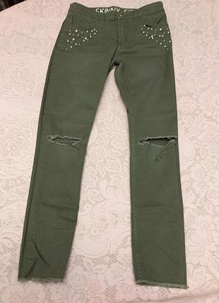 Джинси для дівчинки h&amp;m коттонові хакі захисна бавовна стрейчеві темно-зелений стретчеві штани 140 10 років