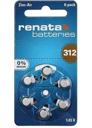 Батарейка для слухового апарату za 312.dp6 0%hg 6шт (блістер) тм renata