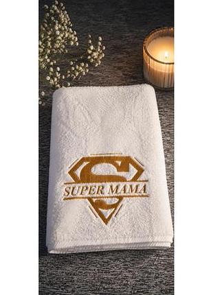 Подарочное махровое полотенце «super мама» с вышивкой — размеры 50×90 и 70×140 см для бани