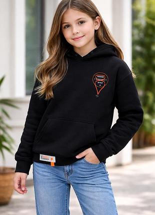Дитяче худі для дівчинки чорне з принтом vogue style, двонитка, 134-152 см, стильна кофта з капюшоном 146-152