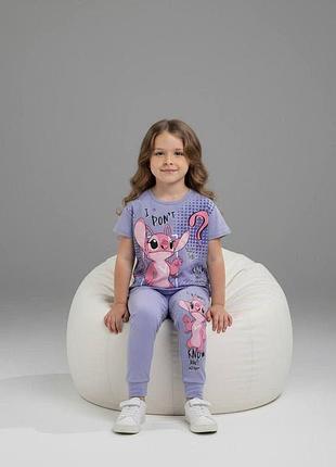 Топ продаж! летний костюм для девочки stitch футболка + штаны лавандовый 104–134 134-140