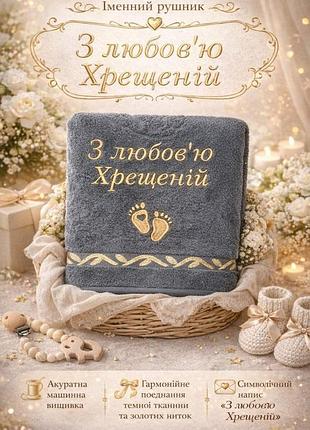 Именное полотенце для крестной с вышивкой «с любовью крестной», серое банное полотенце на подарок