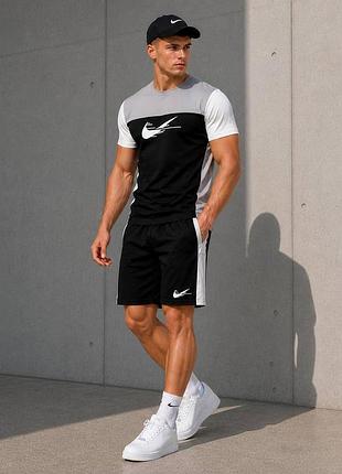 Мужской летний костюм nike футболка и шорты найк черный с серым s - xxl