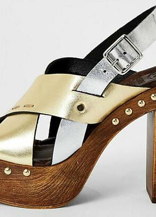 River island туфли на каблуке кожаные винтаж винтажные y2k кожа босоножки сандалии с заклепками коричневые золотые серебристые летние