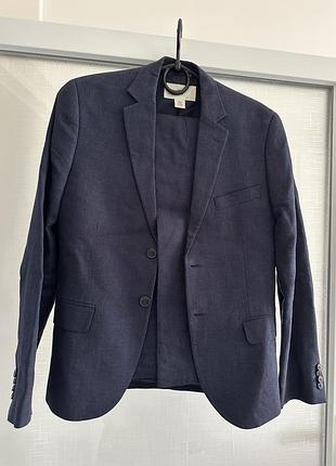 Чоловічий костюм з льону (піджак+брюки) h&m насиченого синього кольору