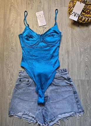 Боди женский атласный боди женский zara насыщенного голубого цвета с корсетными чашечками.