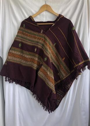 🤎 етнічне вовняне пончо з капюшоном та бахромою в стилі boho / етно-накидка